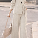 Casual Crew Neck Diagonal Button Tie Long Sleeve Knit Top & Wide Leg Pants Set