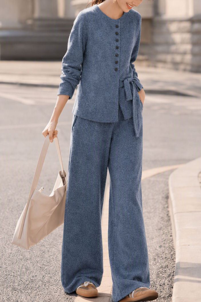 Casual Crew Neck Diagonal Button Tie Long Sleeve Knit Top & Wide Leg Pants Set