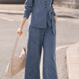 Casual Crew Neck Diagonal Button Tie Long Sleeve Knit Top & Wide Leg Pants Set