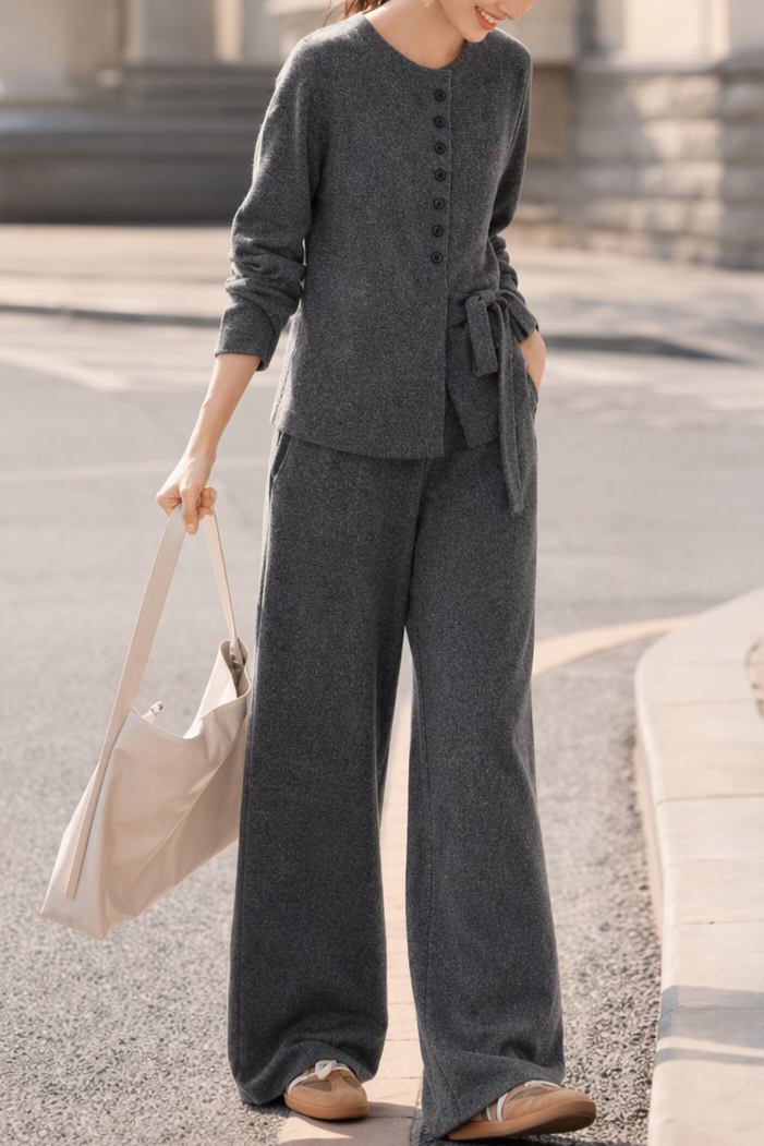 Casual Crew Neck Diagonal Button Tie Long Sleeve Knit Top & Wide Leg Pants Set