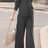 Casual Crew Neck Diagonal Button Tie Long Sleeve Knit Top & Wide Leg Pants Set