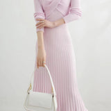 French Elegant Waist Cinched Ruffled Hem Knit Dress
