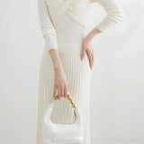 French Elegant Waist Cinched Ruffled Hem Knit Dress
