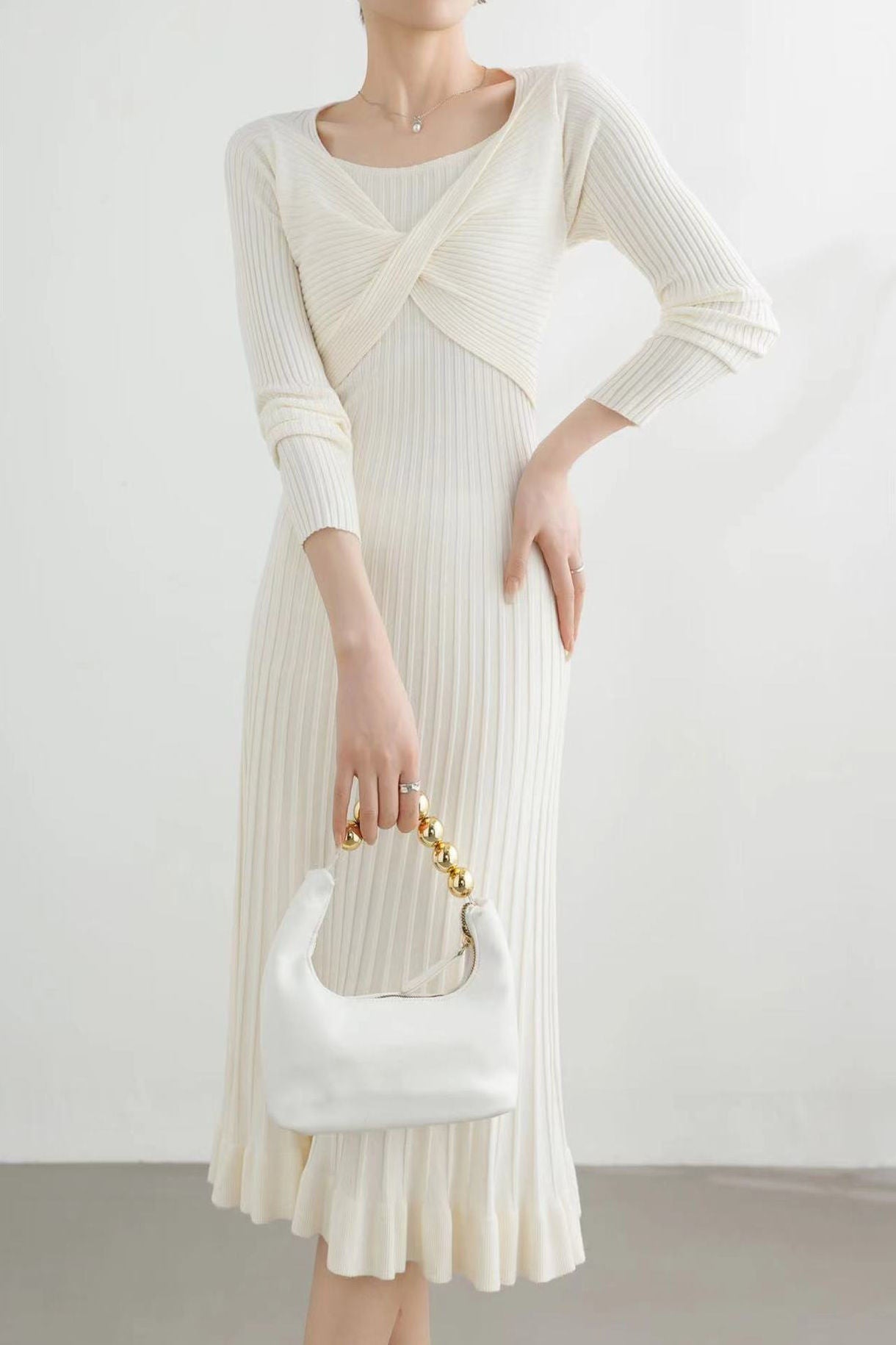 French Elegant Waist Cinched Ruffled Hem Knit Dress