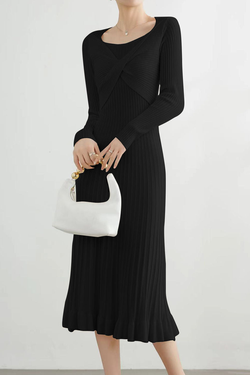 French Elegant Waist Cinched Ruffled Hem Knit Dress