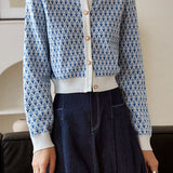 French Date Crew Neck Jacquard Long Sleeve Knit Cardigan