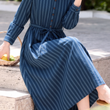 Casual Vacation Lapel Striped Long Sleeve Dress