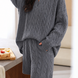 Casual Cable Texture Knit Top & Shorts Two-Piece Set