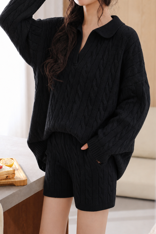 Casual Cable Texture Knit Top & Shorts Two-Piece Set