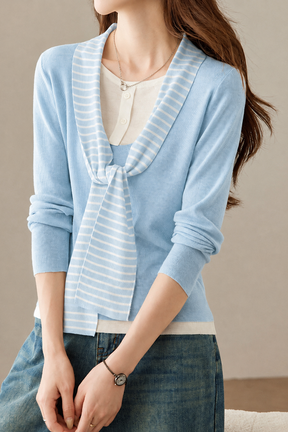 Casual Striped Spliced Tie Knit Top