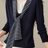Casual Striped Spliced Tie Knit Top