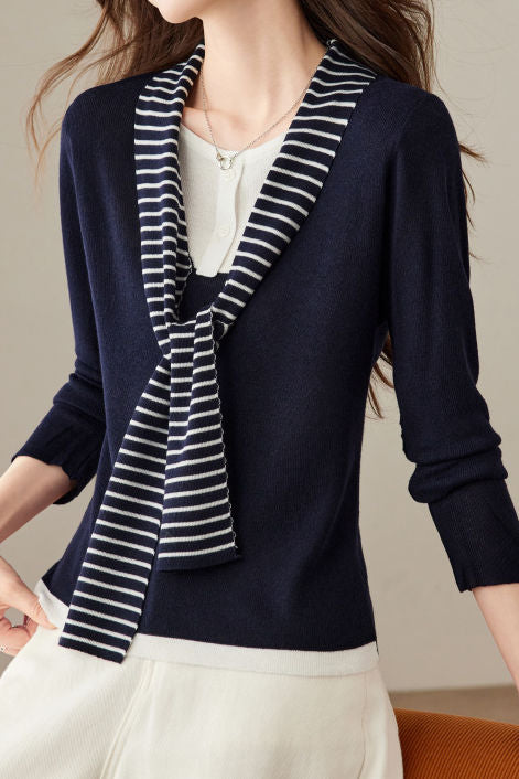 Casual Striped Spliced Tie Knit Top