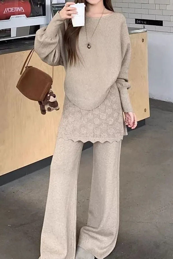 Casual Vacation Home Hollow Batwing Sleeve Fake Two-Piece Knit Two-Piece Set