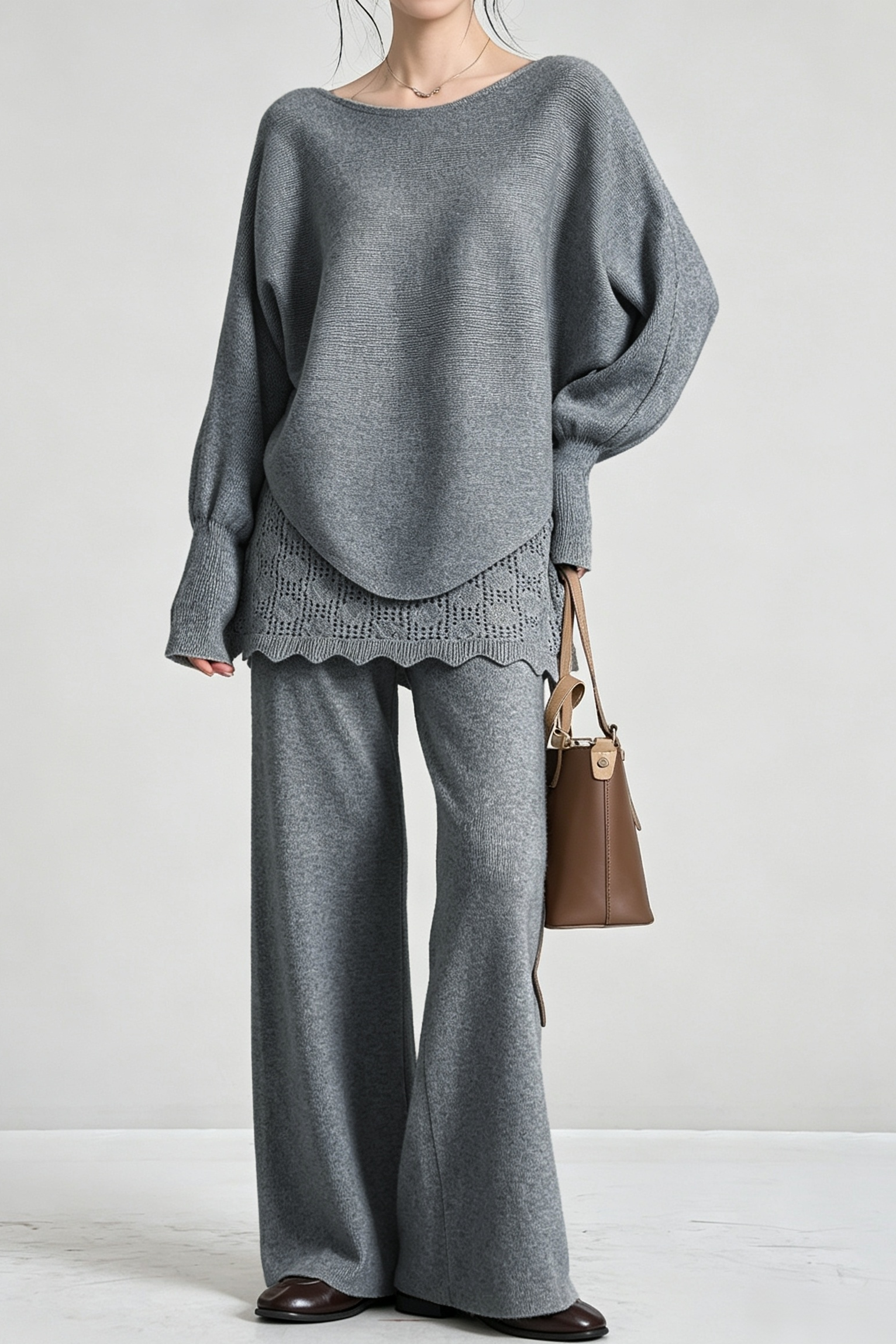 Casual Vacation Home Hollow Batwing Sleeve Fake Two-Piece Knit Two-Piece Set
