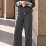 Casual High Neck Zipper Knit Cardigan & High Waist Wide Leg Pants Set