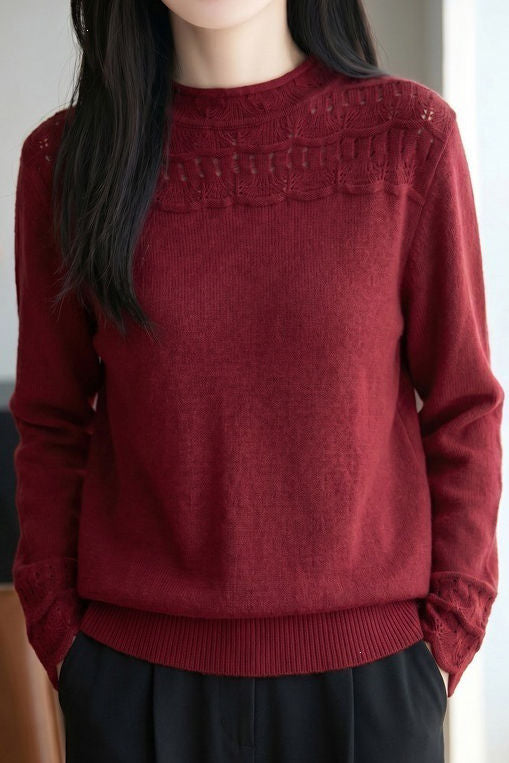 Casual Knit Sweater With Wavy Hollow Pattern
