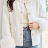 Elegant Knit Cardigan With Pearl Collar And Fuzzy Splicing