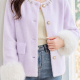 Elegant Knit Cardigan With Pearl Collar And Fuzzy Splicing