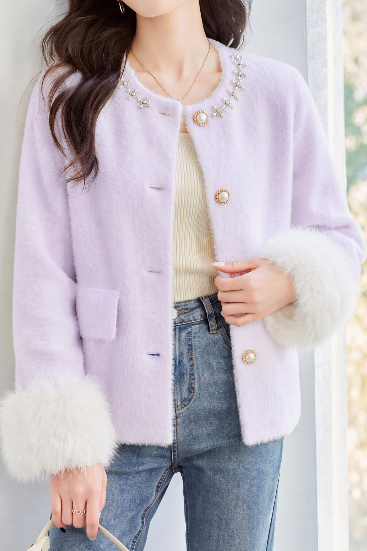 Elegant Knit Cardigan With Pearl Collar And Fuzzy Splicing