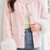 Elegant Knit Cardigan With Pearl Collar And Fuzzy Splicing
