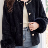 Elegant Knit Cardigan With Pearl Collar And Fuzzy Splicing