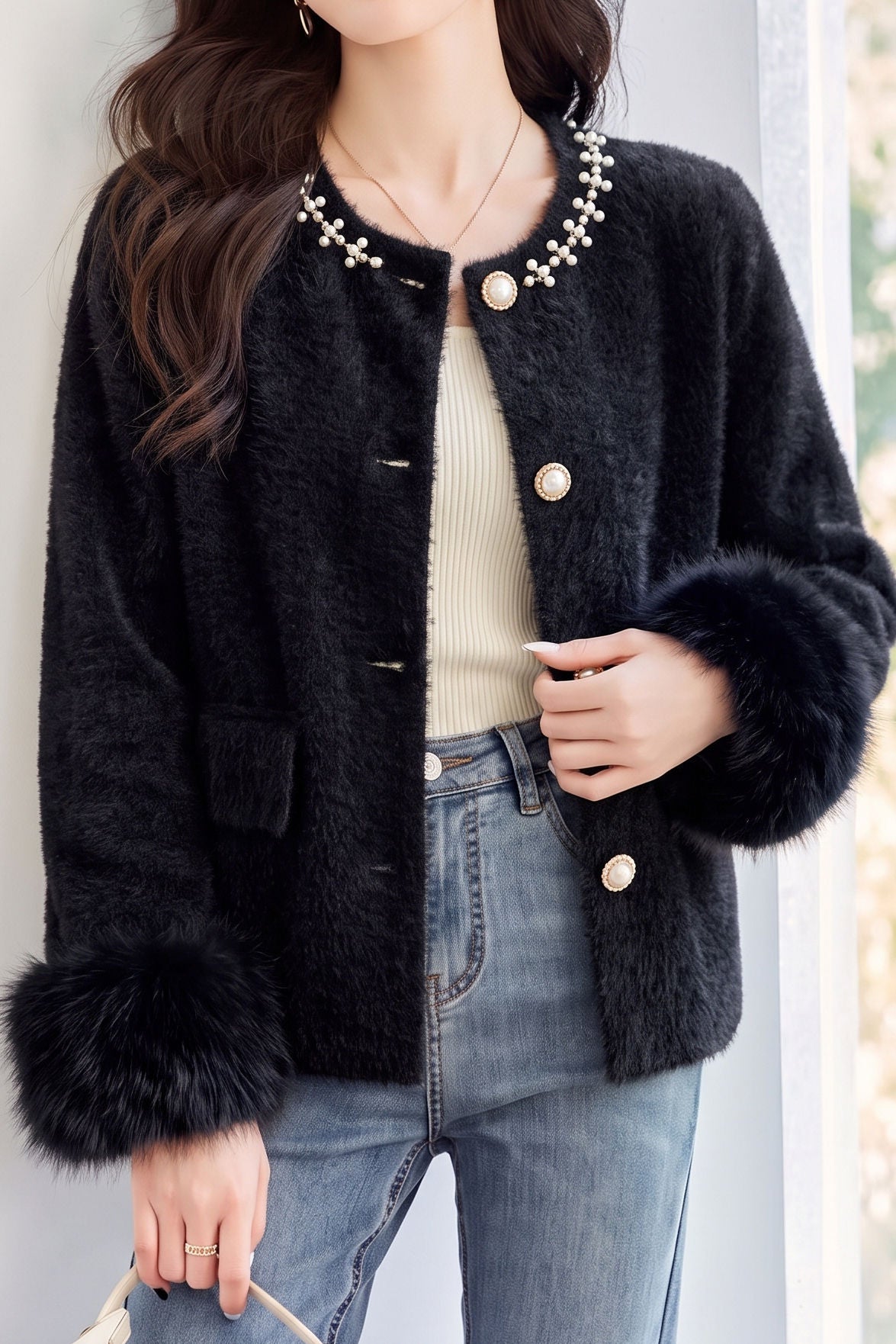 Elegant Knit Cardigan With Pearl Collar And Fuzzy Splicing