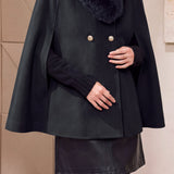 Elegant Double Breasted Cape Coat With Fur Collar