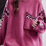 Casual Color Block Knit Sweater With Stitched Edge Patch Pockets