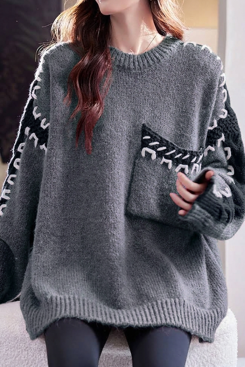 Casual Color Block Knit Sweater With Stitched Edge Patch Pockets