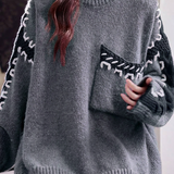 Casual Color Block Knit Sweater With Stitched Edge Patch Pockets