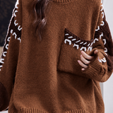 Casual Color Block Knit Sweater With Stitched Edge Patch Pockets