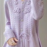 Gentle Knit Cardigan With Small Stand Collar And 3D Floral Ornaments