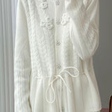 Gentle Knit Cardigan With Small Stand Collar And 3D Floral Ornaments