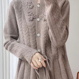 Gentle Knit Cardigan With Small Stand Collar And 3D Floral Ornaments