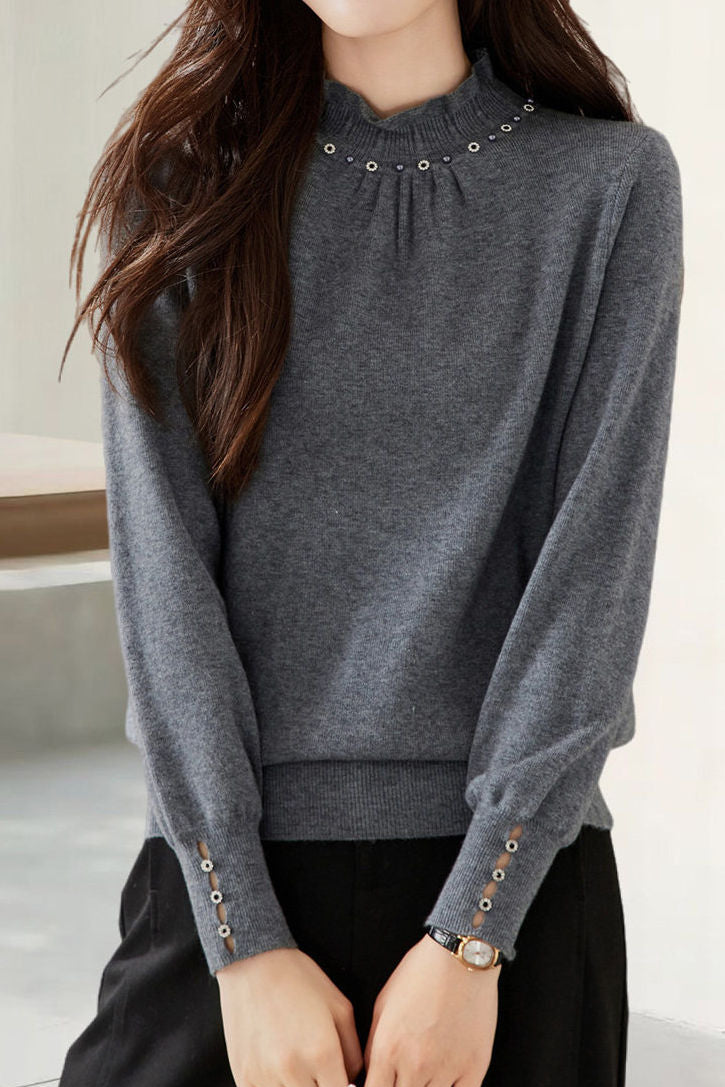 Elegant Knit Sweater With Ruffled Mock Neck And Bead Embellishment