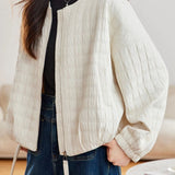 Casual Long Sleeve Quilted Plaid Coat With Round Neck