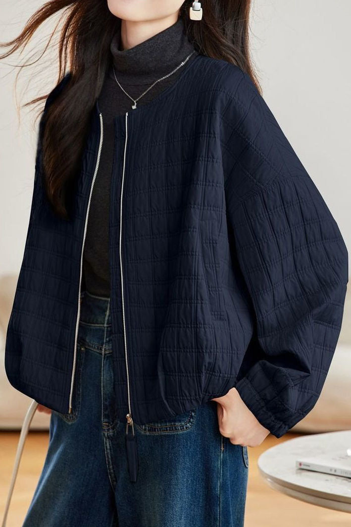 Casual Long Sleeve Quilted Plaid Coat With Round Neck
