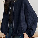 Casual Long Sleeve Quilted Plaid Coat With Round Neck