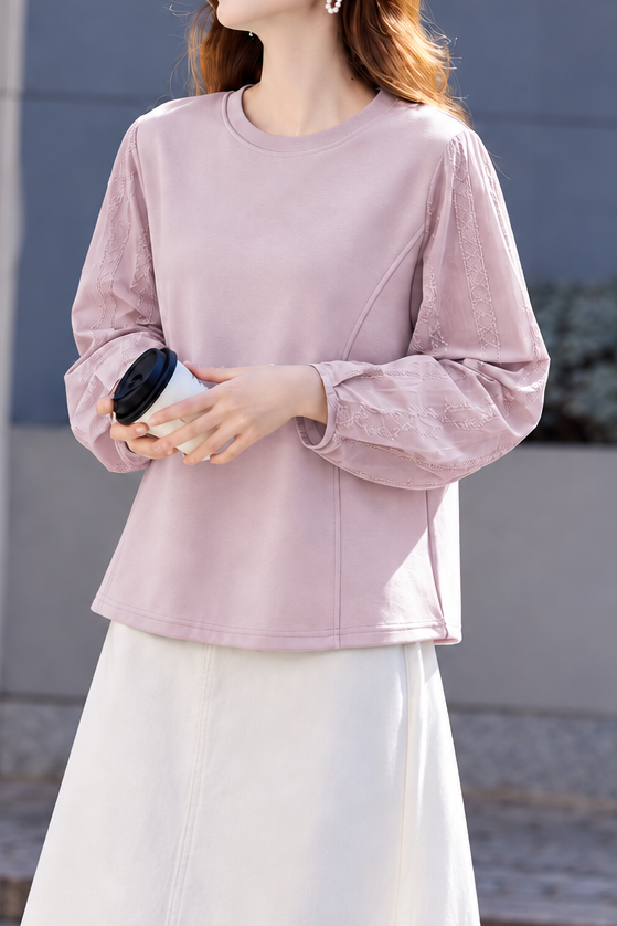 Casual Round Neck Sweatshirt With Embroidered Lantern Sleeves