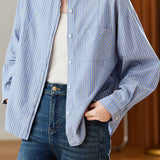 Casual Long Sleeve Shirt With Lapel And Vertical Stripes