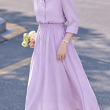 Casual Lapel Shirt And High Waist Full Midi Skirt Two-Piece Set