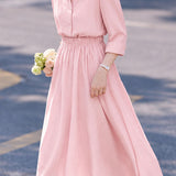 Casual Lapel Shirt And High Waist Full Midi Skirt Two-Piece Set