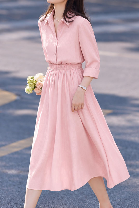 Casual Lapel Shirt And High Waist Full Midi Skirt Two-Piece Set