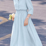 Casual Lapel Shirt And High Waist Full Midi Skirt Two-Piece Set