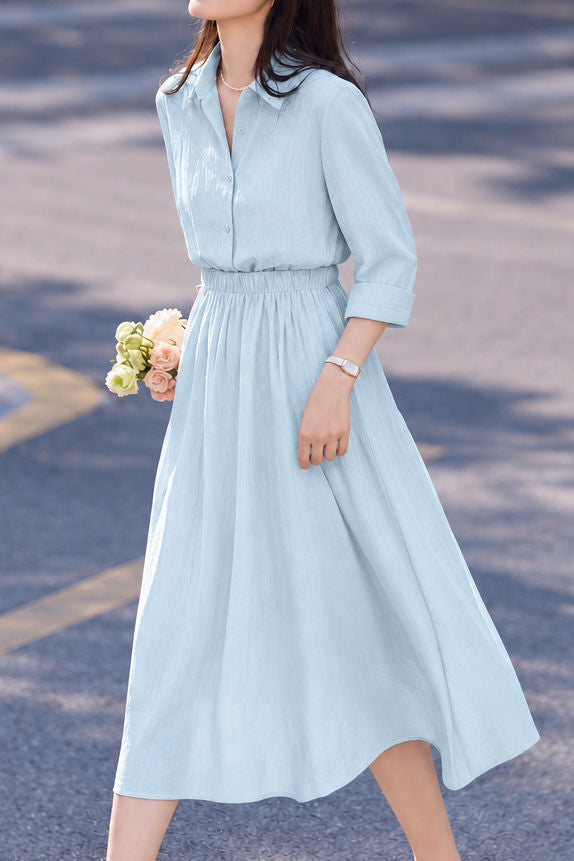 Casual Lapel Shirt And High Waist Full Midi Skirt Two-Piece Set