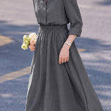 Casual Lapel Shirt And High Waist Full Midi Skirt Two-Piece Set
