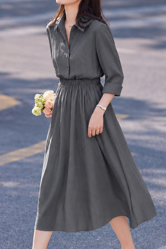 Casual Lapel Shirt And High Waist Full Midi Skirt Two-Piece Set