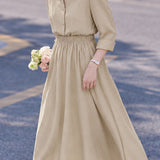 Casual Lapel Shirt And High Waist Full Midi Skirt Two-Piece Set