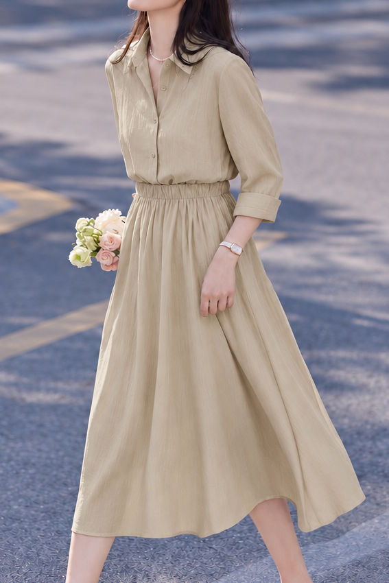 Casual Lapel Shirt And High Waist Full Midi Skirt Two-Piece Set