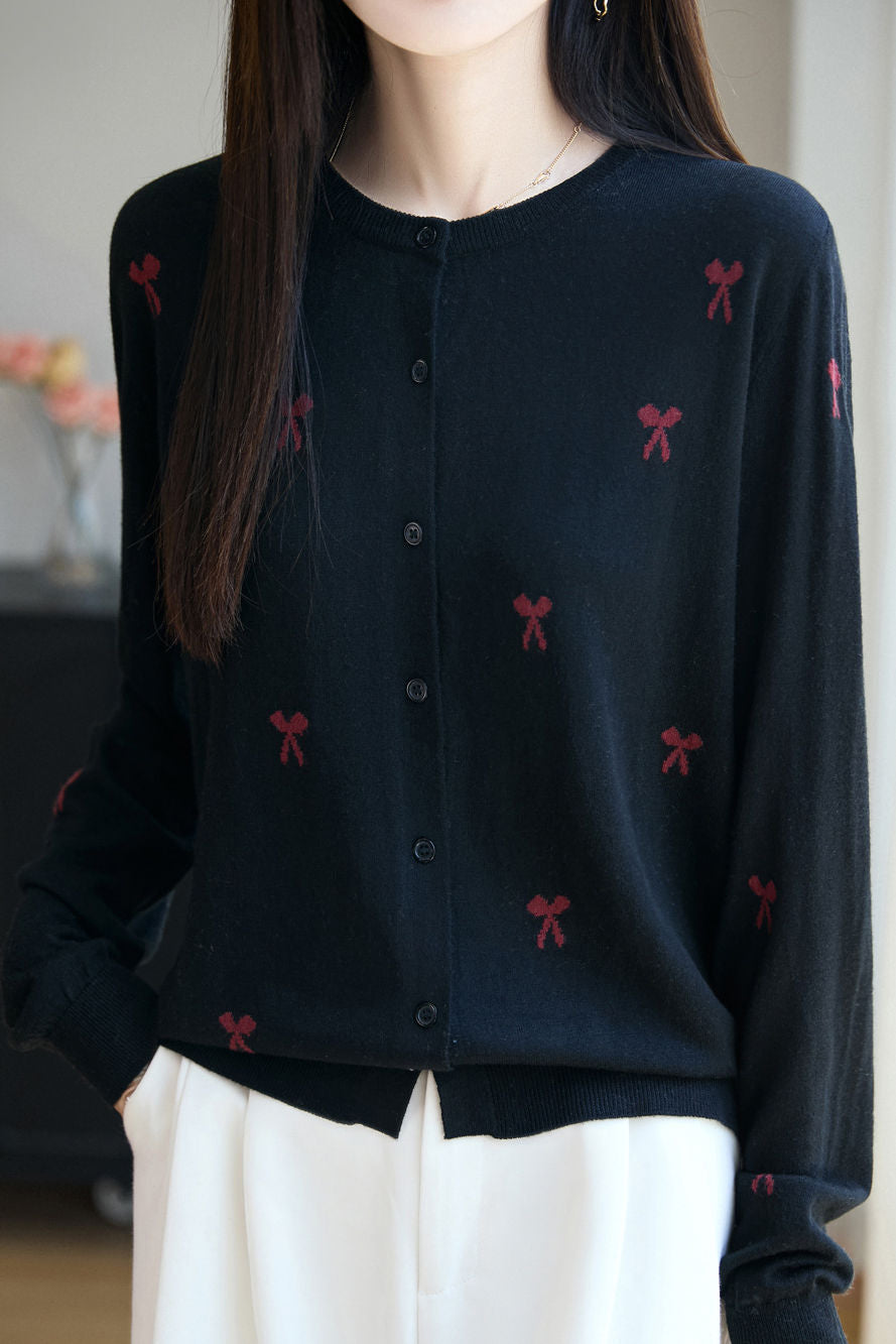 Casual Knit Cardigan With Bow Pattern
